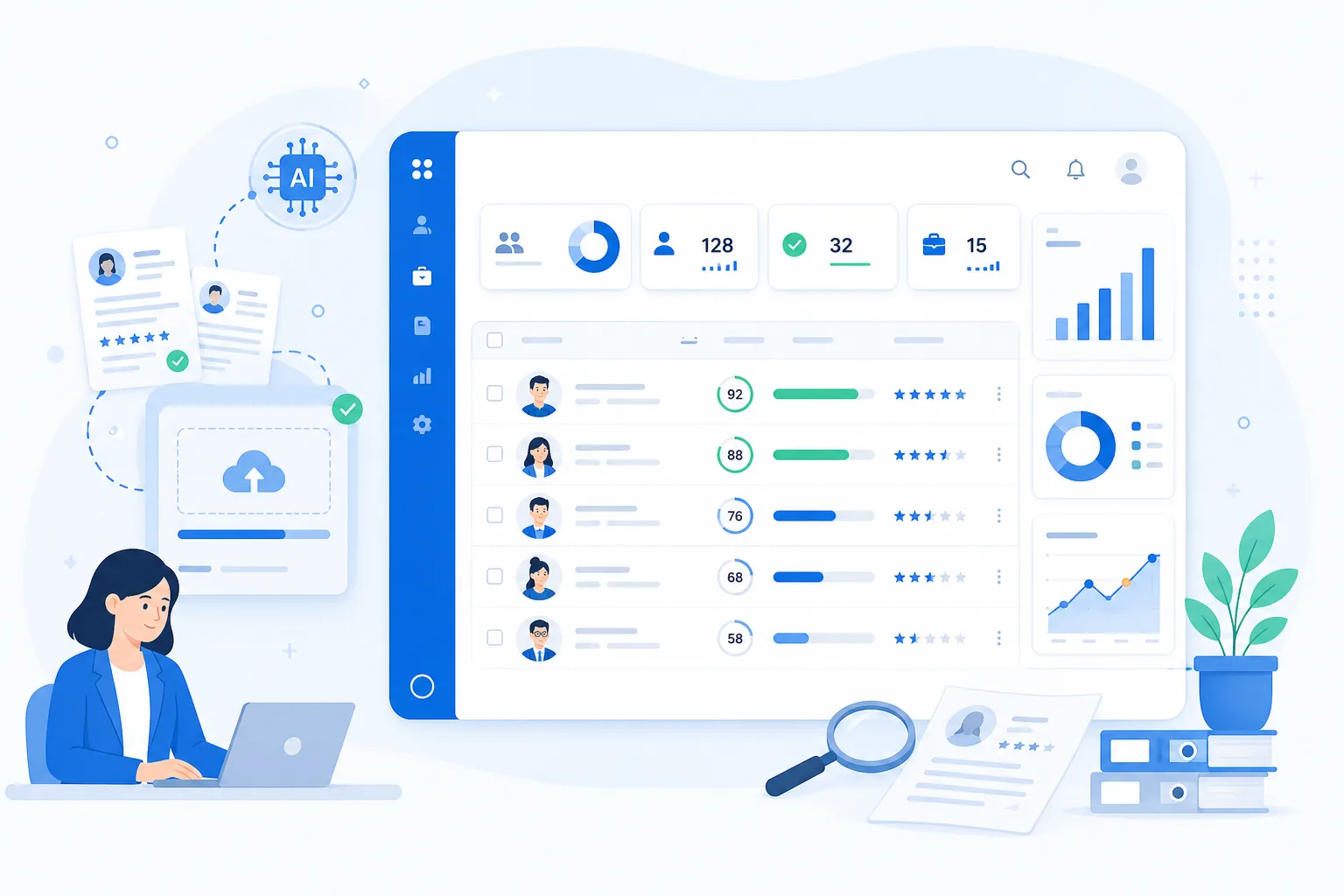 Minh họa dashboard CVexa phân tích CV, xếp hạng ứng viên và hiển thị báo cáo tuyển dụng